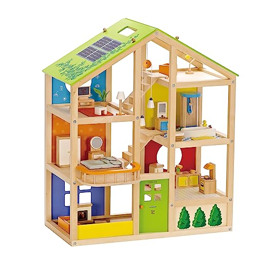 Hape All Season House (Furnished), Award Winning 3 Storey Dolls House Toy with Furniture, Accessories, Movable Stairs and Reversible Season Theme : Giochi e giocattoli