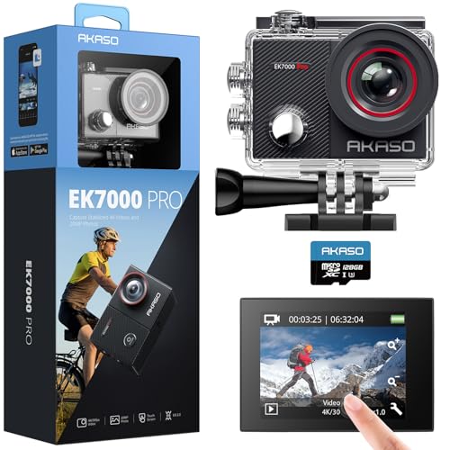 AKASO EK7000 Pro   Fotocamera sportiva 4K con scheda MicroSDXC 128 GB, 20 MP WiFi Action Camera Sportiva con Touch Screen EIS Stabilizzatore, Telecomando, 170° Angolo Regolabile, Impermeabile 40 M e 2 : Elettronica