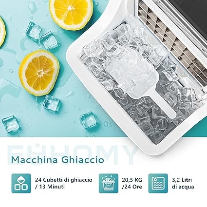 EUHOMY Macchina Ghiaccio Casa: 24 Cubetti in 13 Minuti, 20,5KG/24H Macchina per il Ghiaccio Autopulente, 3,2L Macchina del Ghiaccio con Paletta/Cestello, per Cucina/Ufficio, Acciaio Inossidabile Marca: EUHOMY