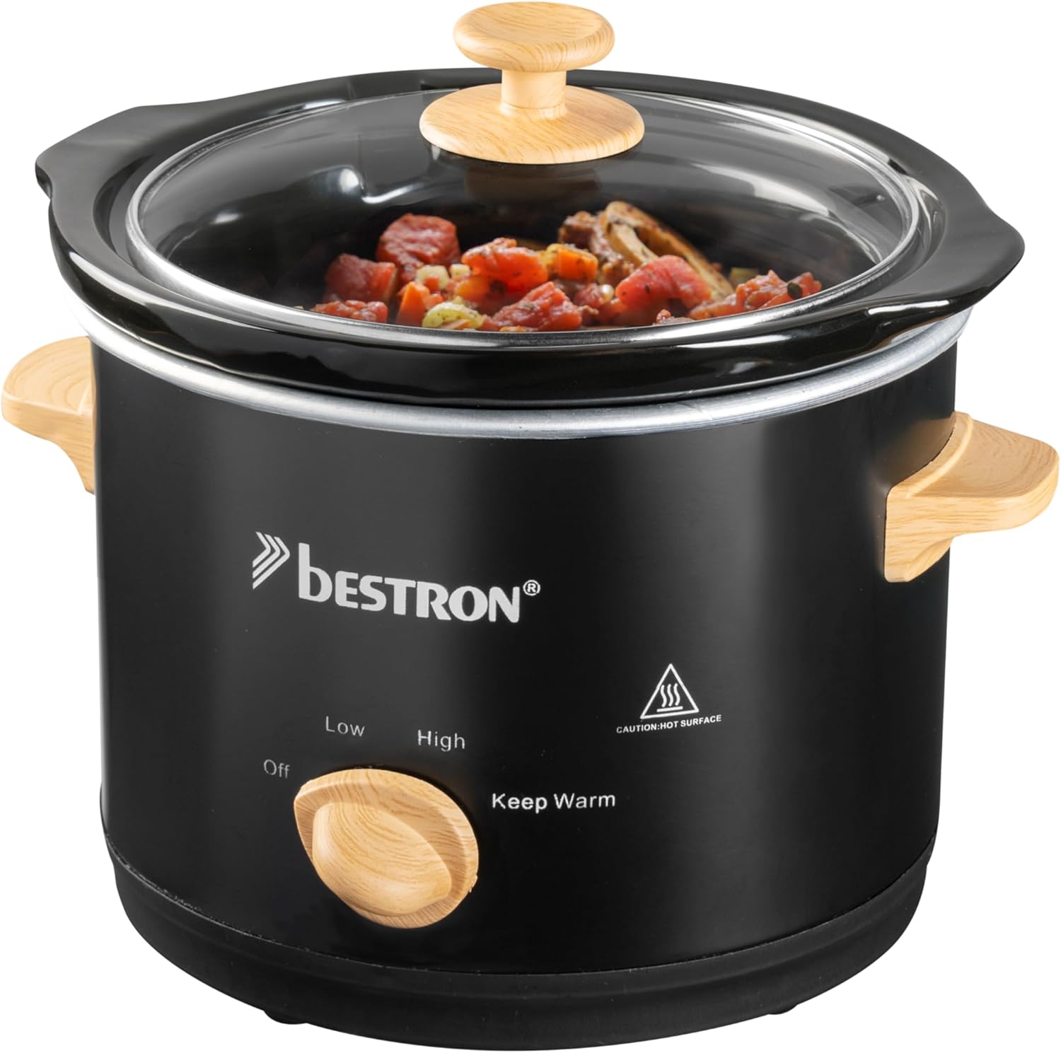 Bestron 2 Person Slowcooker with Ceramic Frying Pan and Glass Lid, 3 Level Thermostat Ideal for Many Dishes such as Meat, Soups and Vegetables, 1.5 Litres, Black and Wood, Black/Wood