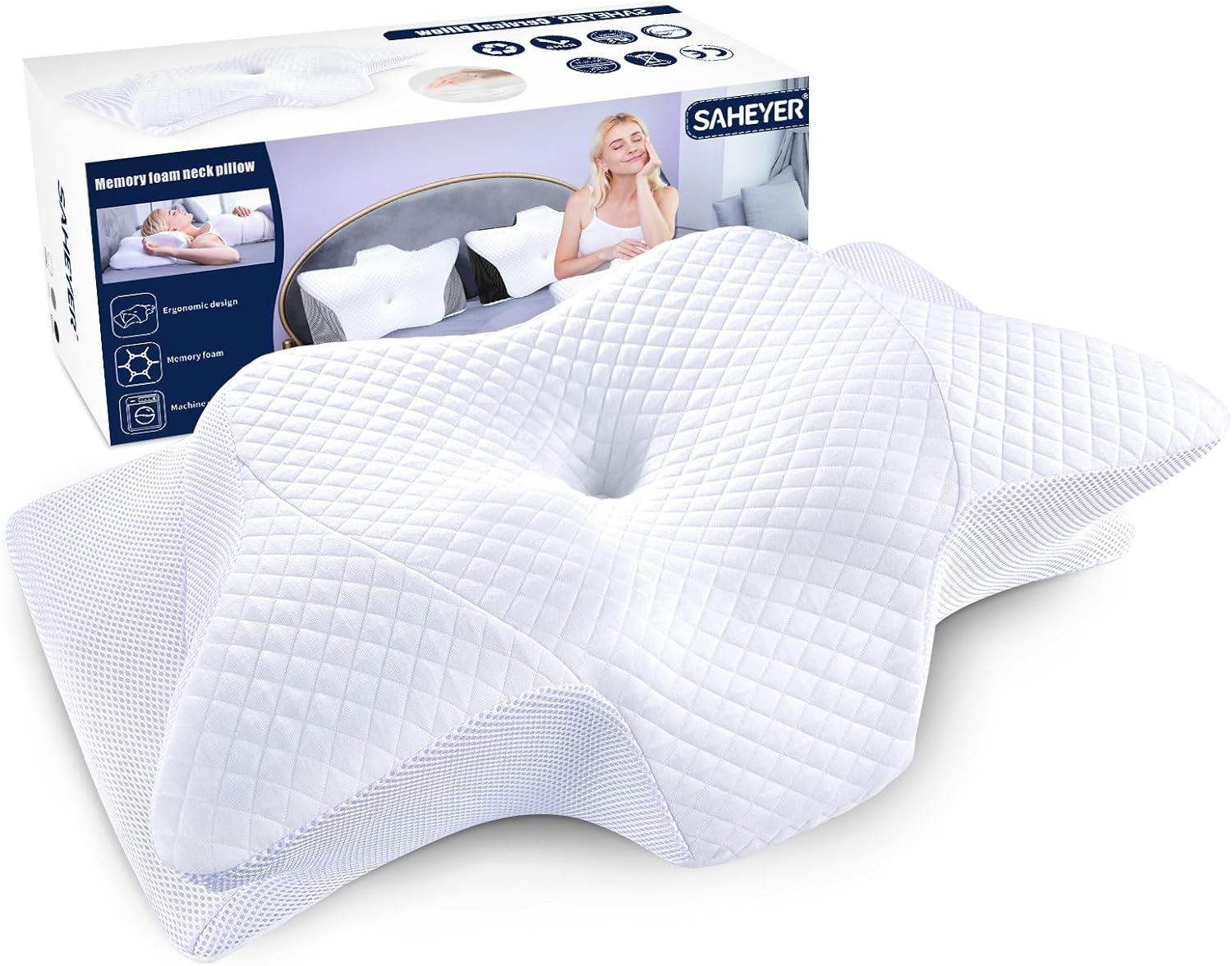 SAHEYER Cuscino cervicale, mal di collo, cuscino cervicale, per alleviare spalle e collo, cuscino ortopedico per schiena e chi dorme sul fianco, cuscino in memory foam con federa
