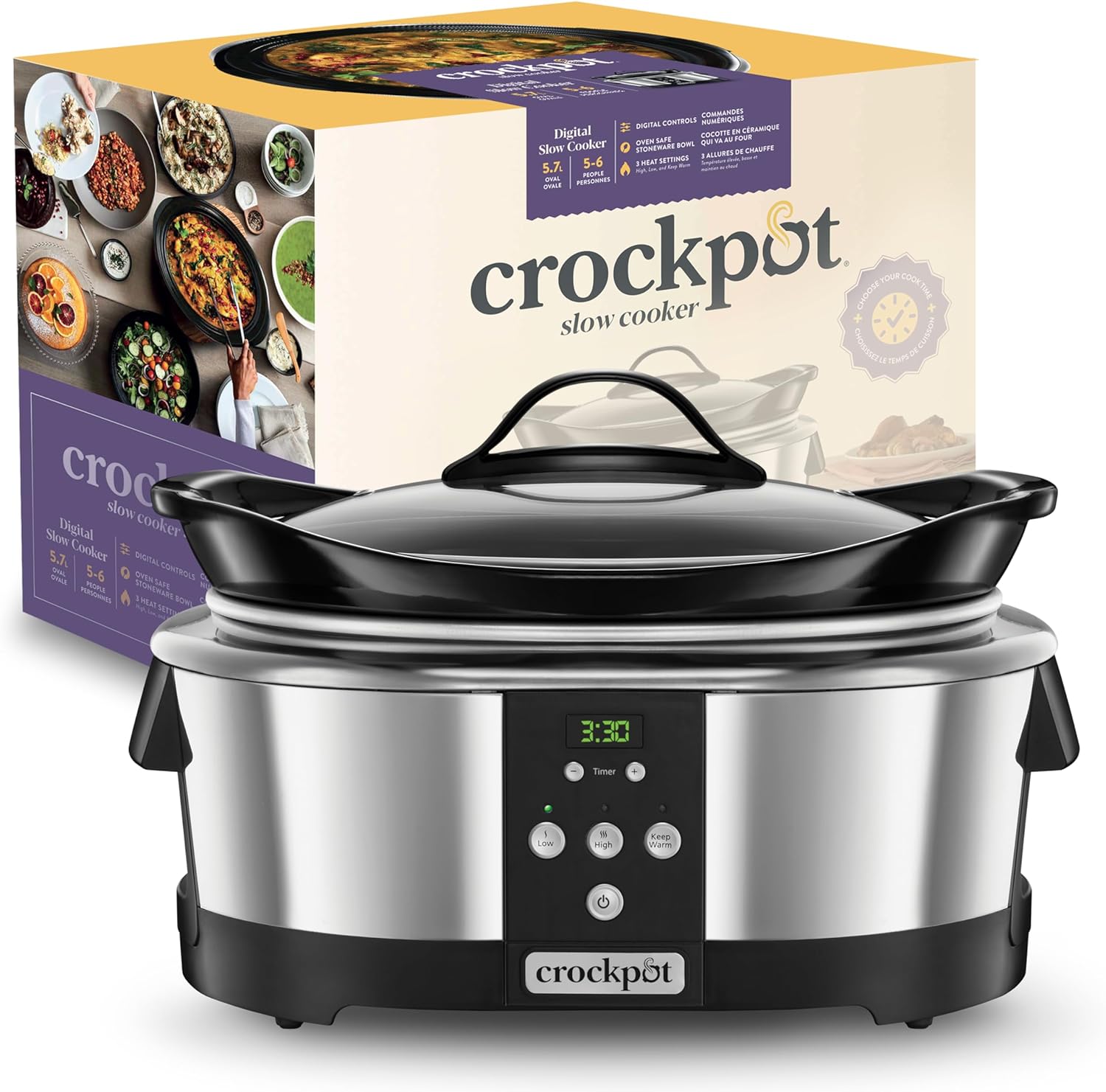 Crock-pot Slow Cooker, Slow Cooker, Automatic Shut-Off, 5.6 Litres, Up to 6-8 People, TimeSelect Function for Programming End of Cooking Time, Automatic Warm Function, Ceramic, 240W, Silver