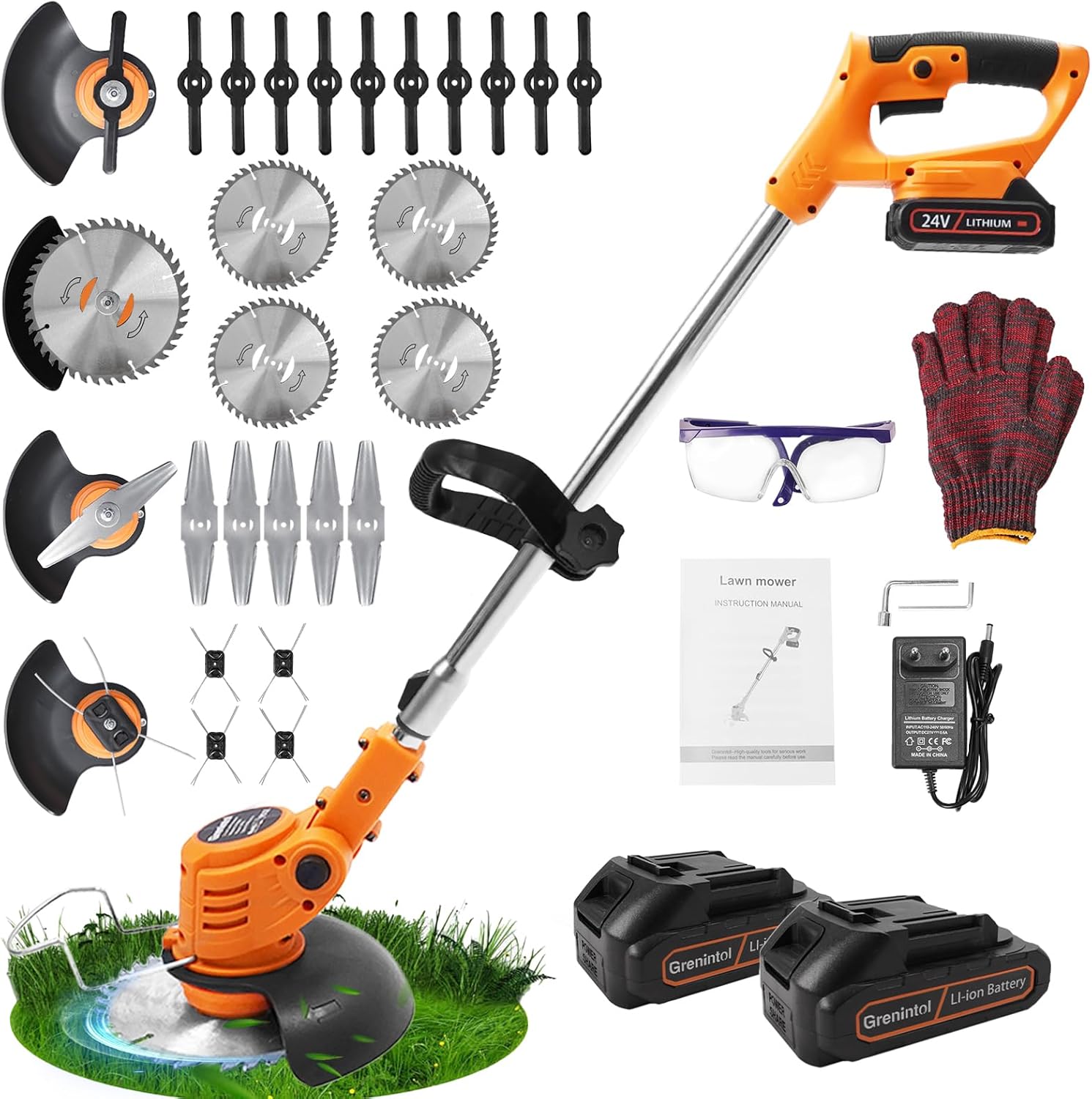 Decespugliatore a batteria,Tagliaerba a Batteria, Decespugliatore Elettrico, Tagliabordi a Batteria con 2 batterie, 4 Tipi Lame,Testata Regolabile e Maniglia Telescopica Tagliaerba per Giardino