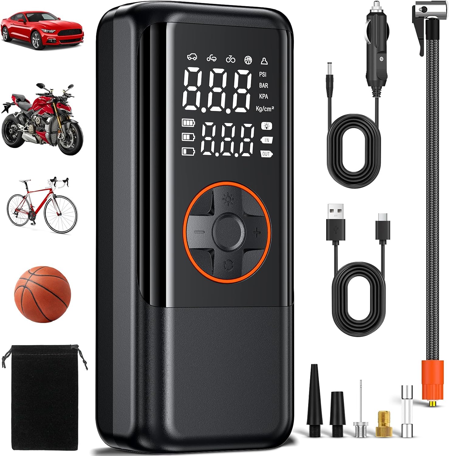 BOOTEEK Compressore Aria Portatile Auto,150PSI 12V DC 7800mAh Mini Compressore Senza Fili con Luce LED,Gonfiatore Bici Elettrico con Manometro,Pompa Elettrica per Bicicletta Auto Moto Scooter Palla