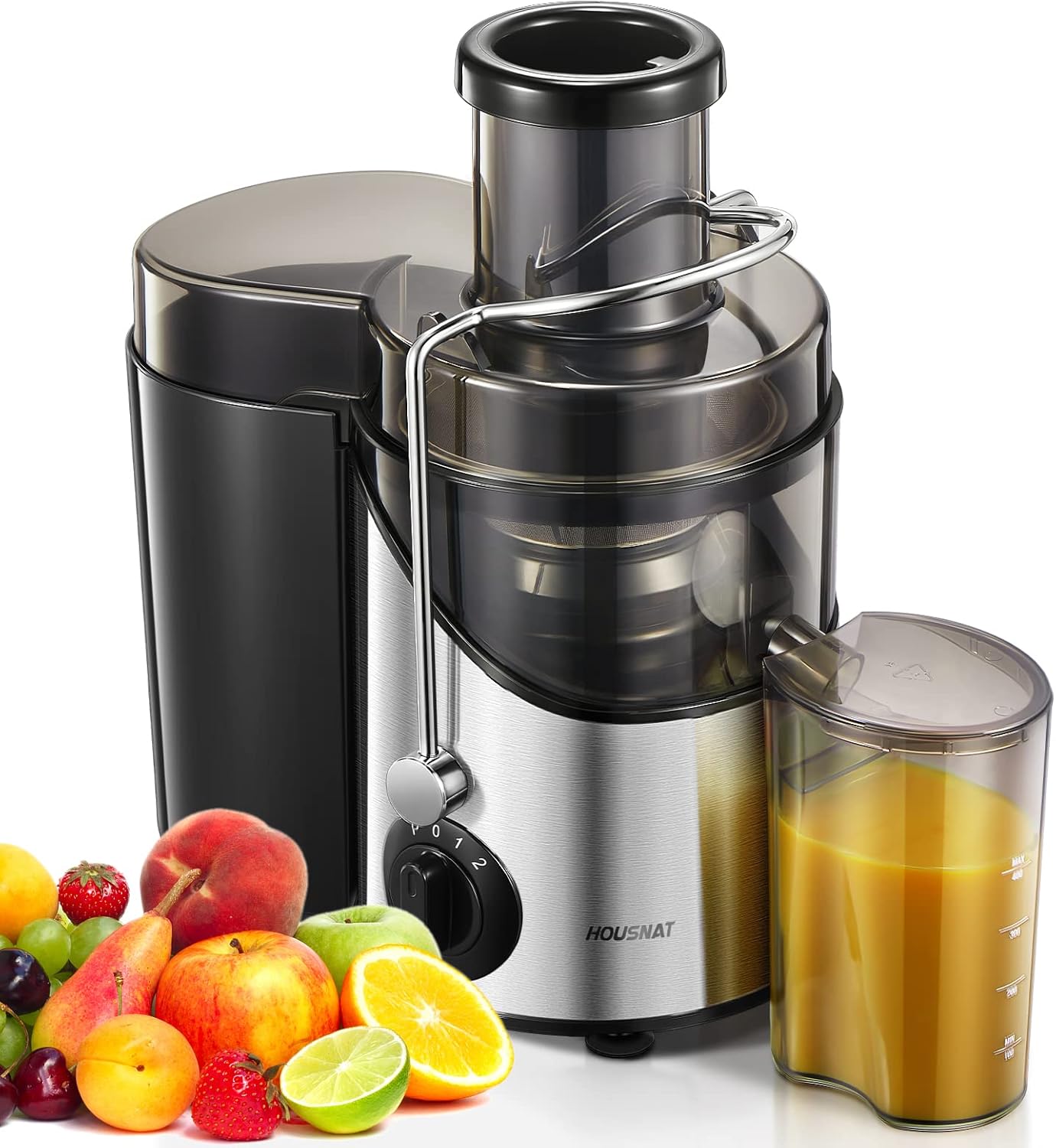 Centrifuga Frutta e Verdura HOUSNAT, 400W Estrattore Frutta e Verdura con 3 Velocità, 65 MM Bocca Grande Scivolo di Alimentazione da, Base Anti-Scivolo, Facile Pulizia, Includi Spazzola, Senza BPA