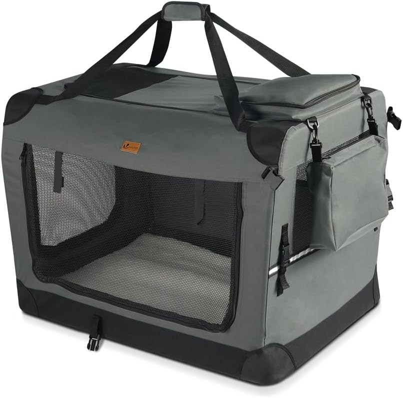 VOUNOT庐 Trasportino per Cani Gatti Borsa da Trasporto Cane con Materasso Morbido Striscia Riflettente, Box Scatola Pieghevole Viaggio per Animali Domestici, Portabile Traspirante, (S)50x35x36cm Grigio