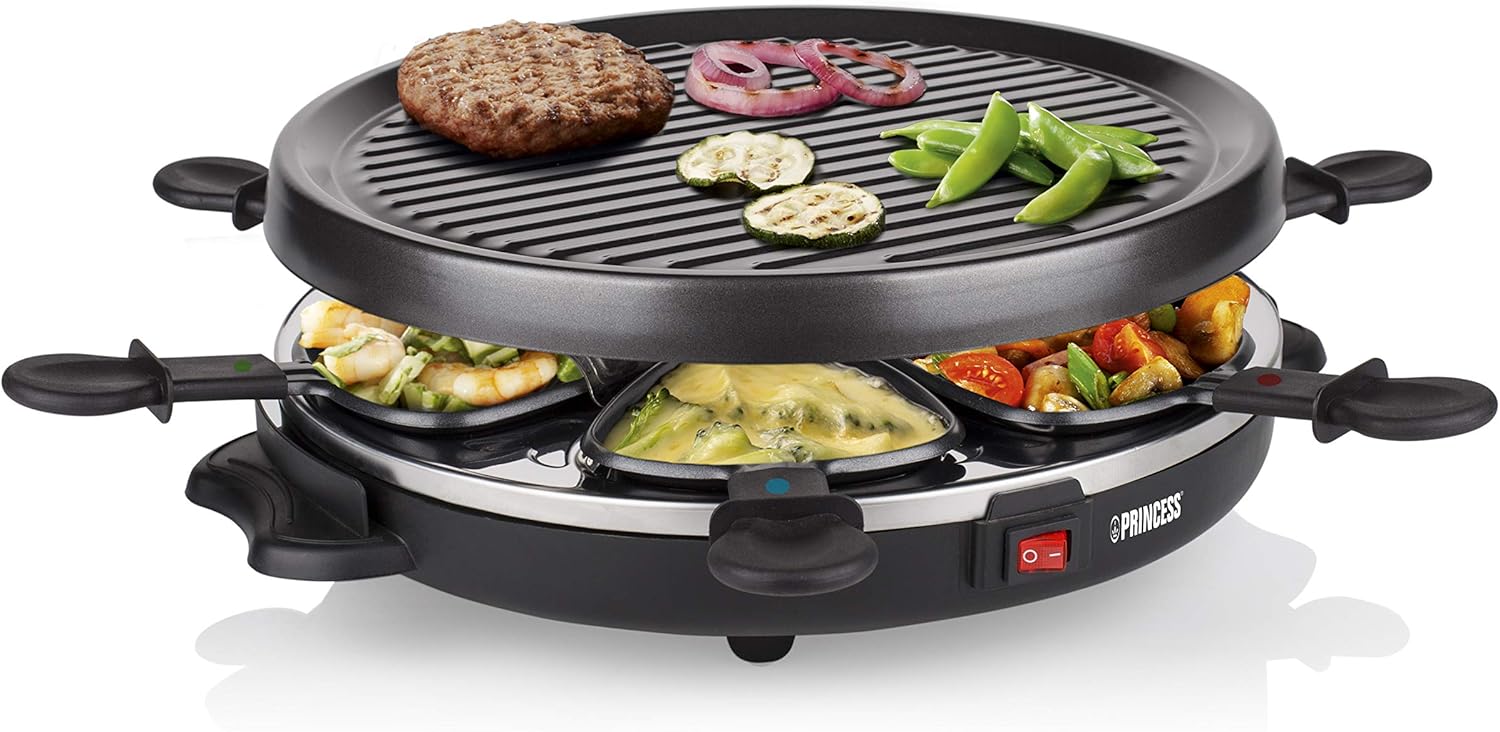 Princess 6 Party Grill raclette 162725, 800 W, 6 Persone, Forma rotonda intelligente, Nero
