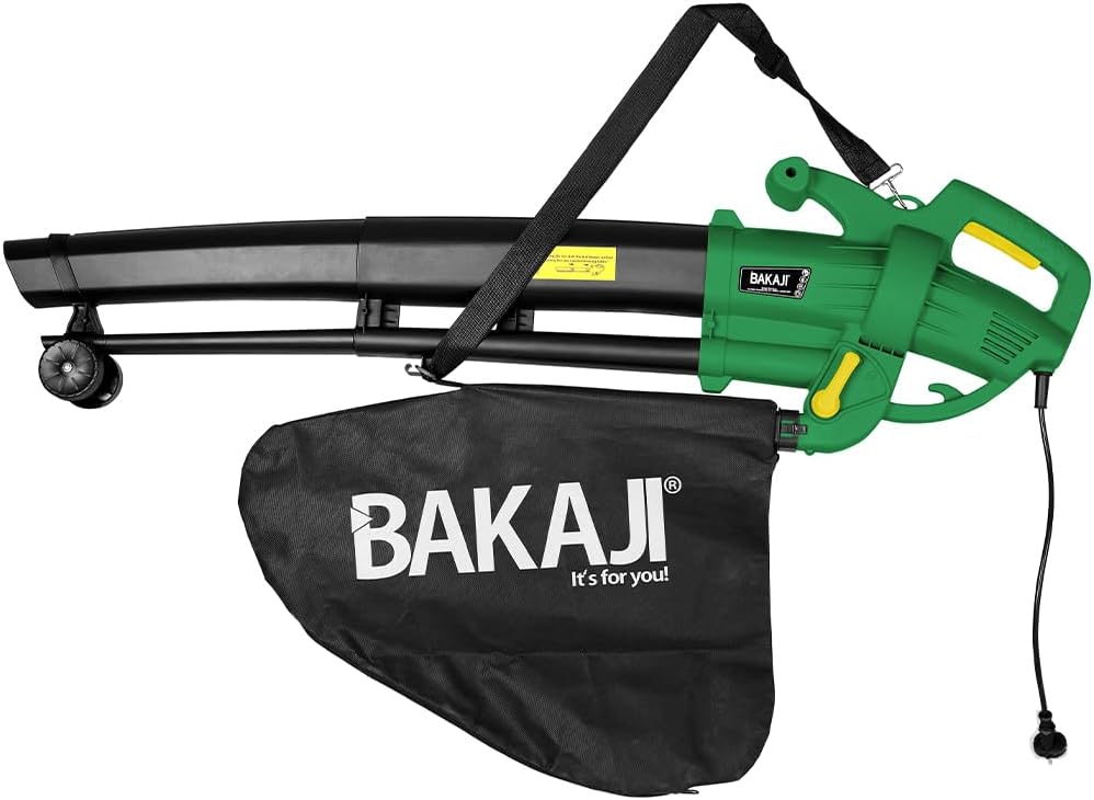 BAKAJI Electric Garden Vacuum Cleaner 3 in 1 Vacuum Cleaner Shredder and Blower Leaves Power 3000 W with Collection Tank 45 Litres Wheels and Shoulder Strap for Maintenance Outdoor Spaces