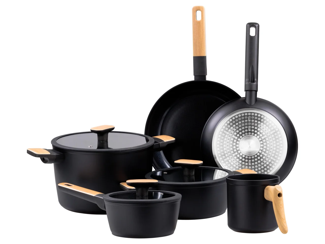 Batteria di pentole 11 pezzi in alluminio forgiato nero con manici in bakelite effetto legno - Casa Collection