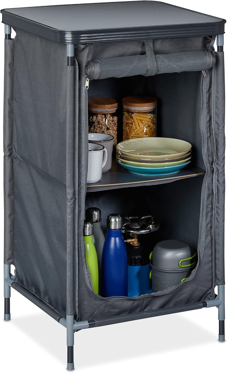 Relaxdays Mobiletto da Campeggio con 2 Ripiani, HLP 87x47,5x47,5 cm, Armadietto da Camping con Supporto Rialzato, Grigio