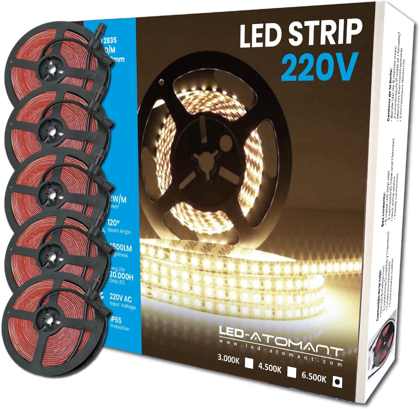 LED ATOMANT Confezione da 2 Rotolo da 5 metri di Striscia LED Diretta a 220V, 12W/m, Colore Bianco Neutro (4500K), Impermeabile (IP65), Taglio ogni 10cm