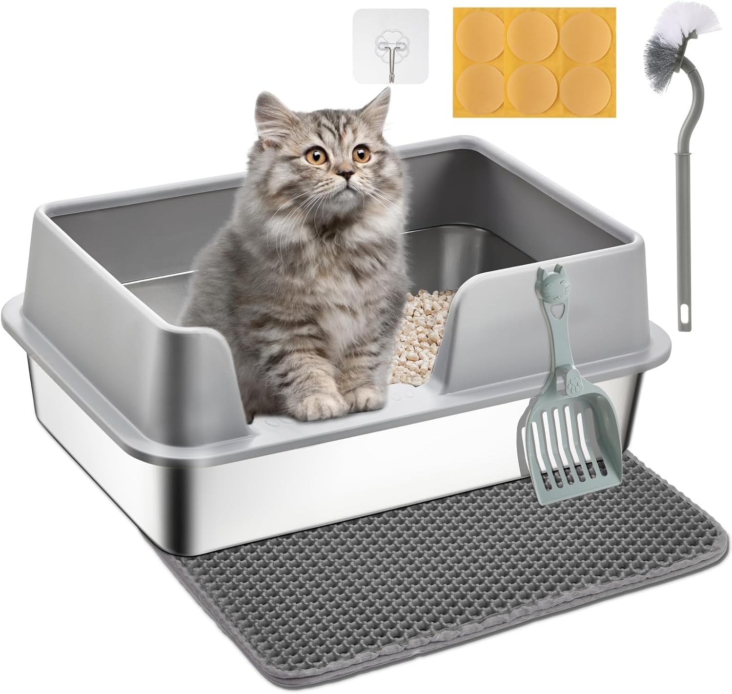 Papettly Lettiera Acciaio Inox - Lettiera in Acciaio per Gatti XXL con Lati Alti锛?0x40x31 cm Lettiera Gatto Acciaio Inox con Tappetino per Lettiera锛孭aletta锛孲pazzola锛孎acile da Pulire锛孨on Appiccicosa