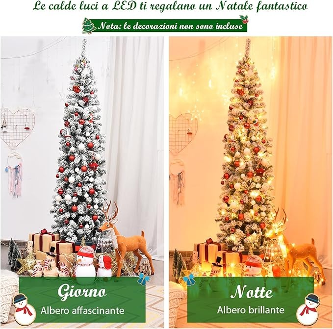 COSTWAY Albero di Natale Slim 135/180/225 cm, Albero di Natale Innevato con 150/250/350 Luci LED, 242/500/641 Rami e Base di Metallo, Decorazione Natalizia per Casa e Negozio (180 CM)