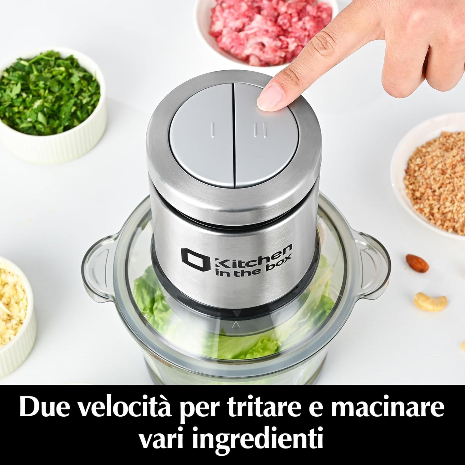 Kitchen in the box Tritatutto 2L con 2 Ciotole,Frullatore con 2 Set di 4 Lame in Acciaio inox,Tritatutto Elettrico a 2 Velocità per Verdure,Carne,Frutta Secca,400W
