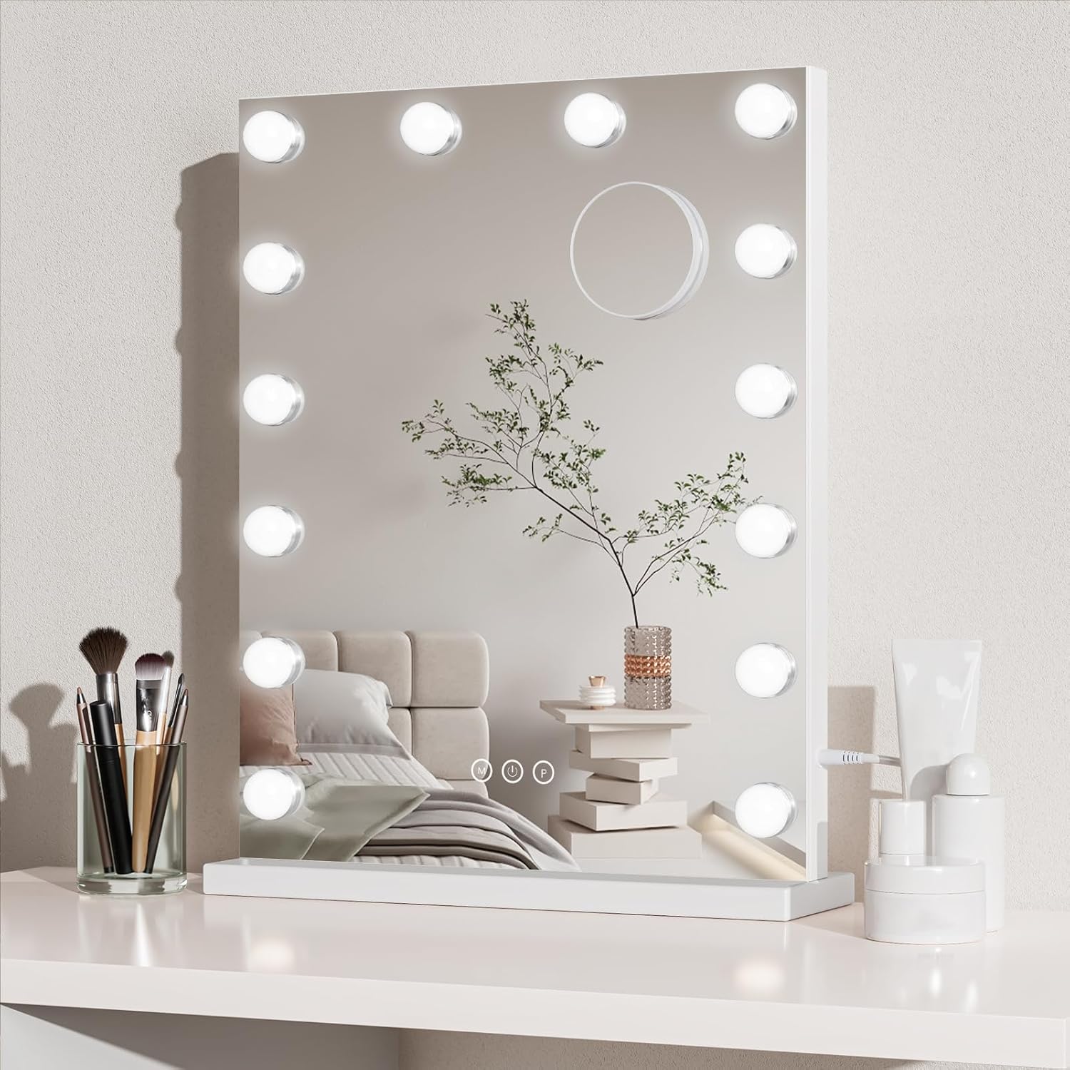 Dripex Specchio da Trucco con Luci, 90x60cm Specchio Hollywood da Toeletta con Lampadine a 20 Led Tre Colori di Luce e Funzione di Luminosit脿 Regolabile con Controllo Tattile, Bianco