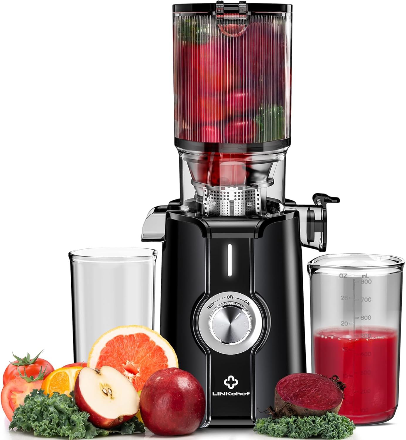 Pulizia Veloce Estrattore Automatico, 115mm Senza Preparazione Estrattore di Frutta e Verdura Intera, LINKchef Estrattore di Succo, Facile da Pulire, 1.2L 200w Nero