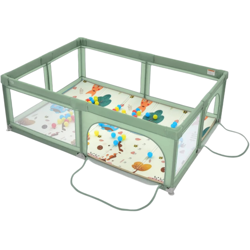 Recinto per Bambini con Materasso, Box per Bambini con Tappetino, Rete Traspirante e Apertura a Cerniera, Box Giochi con Borsa, 4 Impugnature e 50 Palline, per Bambibi 0-3 Anni (Verde)