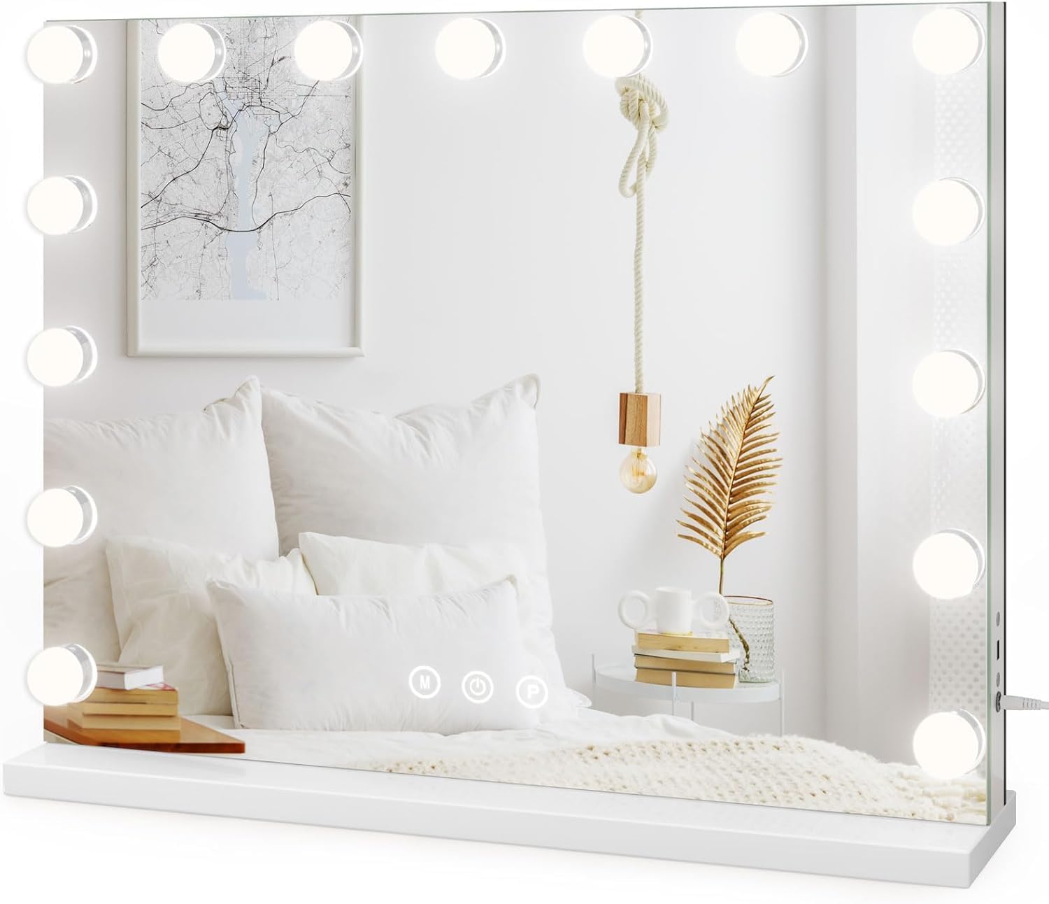 Dripex Specchio da Trucco con Luci, 90x60cm Specchio Hollywood da Toeletta con Lampadine a 20 Led Tre Colori di Luce e Funzione di Luminosit脿 Regolabile con Controllo Tattile, Bianco