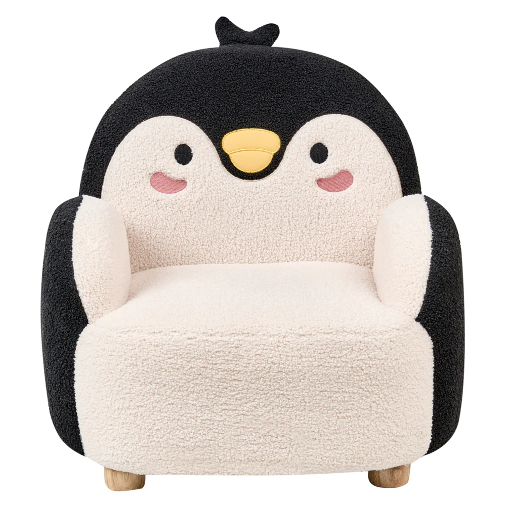 Poltrona per Bambini a Forma di Pinguino – Bouclé Nero Imbottito, Sedia Bassa Confortevole