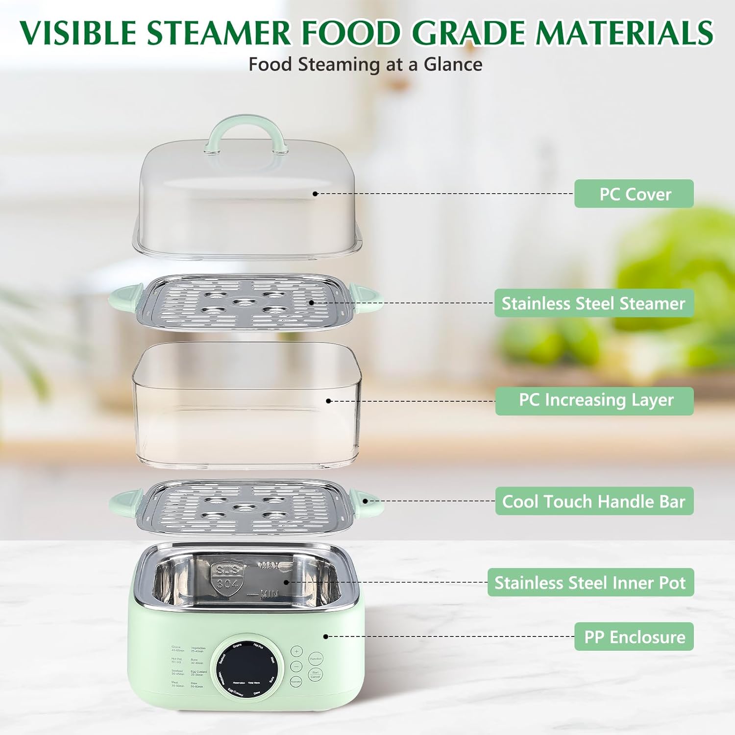 Skyehomo Electric Steamer 1000W, 8 Programme Multifunction Pot with Adjustable Time and Temperature, 24 Hours Countdown Start, 6 Hours Warm, 9.3L
