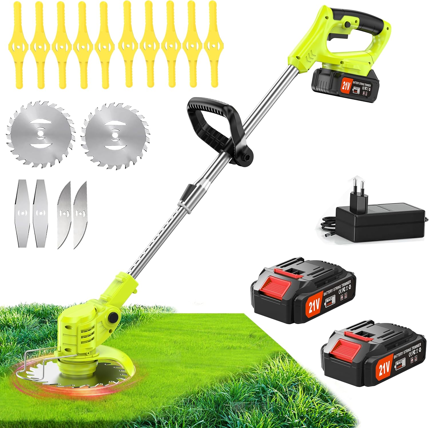 Decespugliatore A Batteria 21v Tagliabordi A Batteria Con Batteria E 4 Tipi Di Lame Decespugliatore Elettrico Regolabile E Maniglia Telescopica Per Il Taglio Di Giardini Prati E Terreni (Giallo-verde)