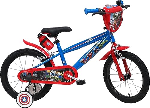 albri 16, Bicicletta da 14 Pollici Avengers, con stabilizzatori Laterali, Borraccia e Scudo Anteriore Personalizzato. Made in Italy Bambino, Rosso : Sport e tempo libero