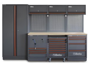 Arredo Beta C45PRO 2.0 HW per officina 2955x645x2000mm con piano in legno e 2 avvolgitori