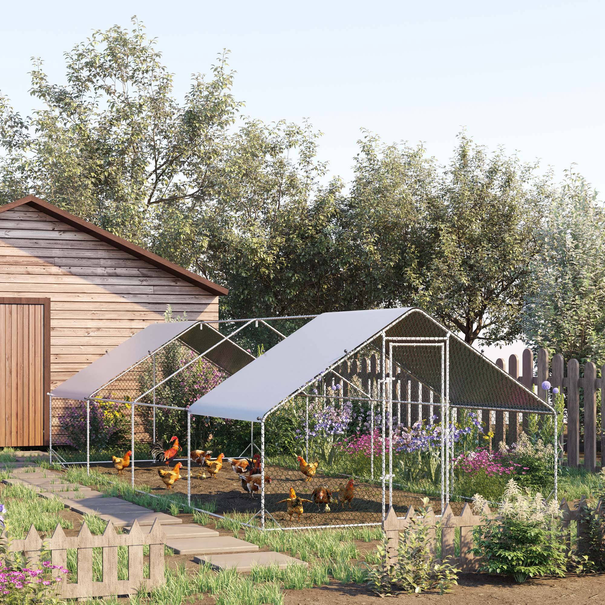 Easycomfort Pollaio da Giardino con Telaio Zincato, Copertura Impermeabile e Rete Esagonale, 3x8x2m, Argento