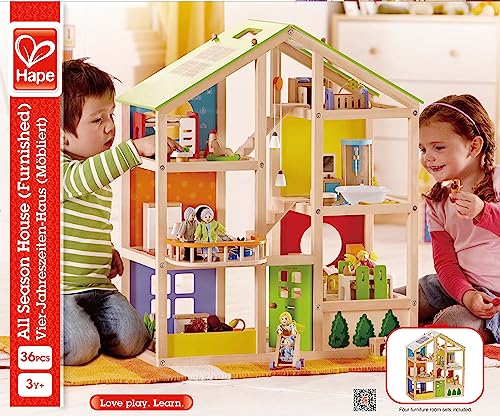 Hape All Season House (Furnished), Award Winning 3 Storey Dolls House Toy with Furniture, Accessories, Movable Stairs and Reversible Season Theme : Giochi e giocattoli