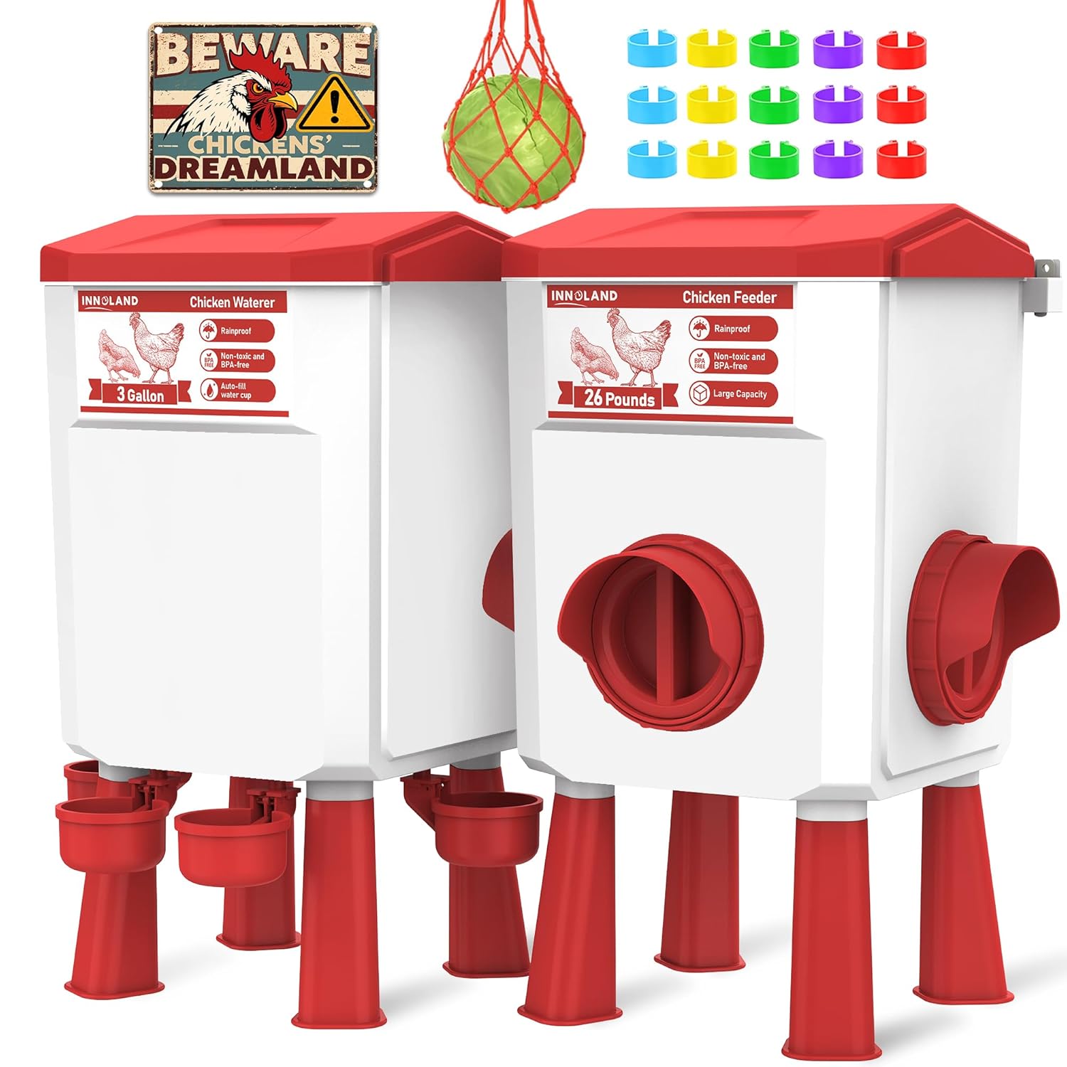 Abbeveratoio per Galline e Mangiatoia per Galline - 11L/12KG, Abbeveratoio Automatico per Galline con 4 Beccucci e 3 Bocche di Alimentazione, Senza Sprechi, Accessori per Pollaio per Galline/Anatre