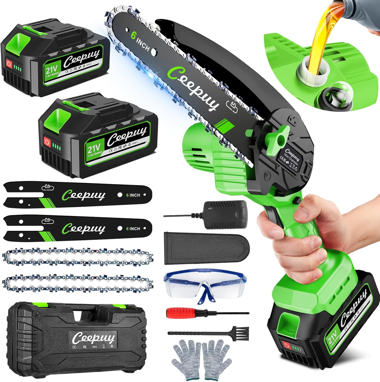 CEEPUY Mini Chainsaw Battery for Pruning with 8000mAh Batteries, 8 Inch Battery Saw with Oil Pump, Portable Battery Powered Electric Chainsaw for Cutting Wood Gardens (Blue 8 Inches)