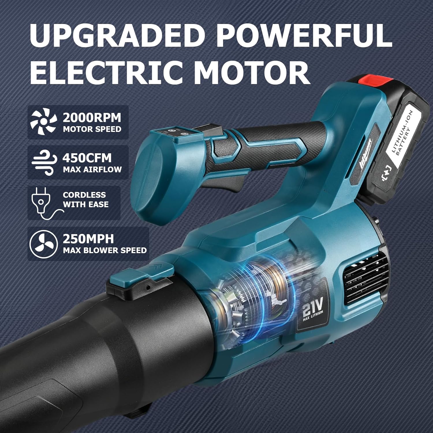 Wireless Leaf Blower with 2 x 21V High Capacity Batteries, 3 Types of Nozzles, 2000RPM Manual Electric Leaf Blower Lightweight for Leaf Blowing