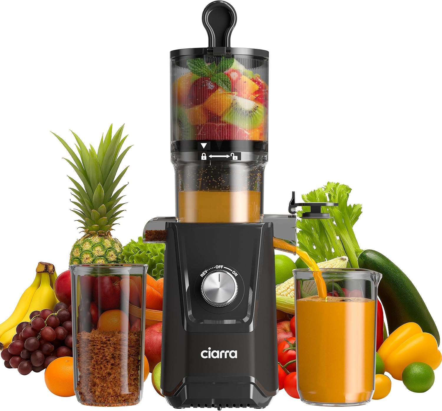 Ciarra CBSJ046-G Estrattore Frutta e Verdura, Estrattore di Succo Lento con Imboccatura da 108 mm, 1.2L Capacità Spremiagrumi a Freddo, Motore 200W, 2 Bicchieri, Facile da Pulire per Frutta e Verdura