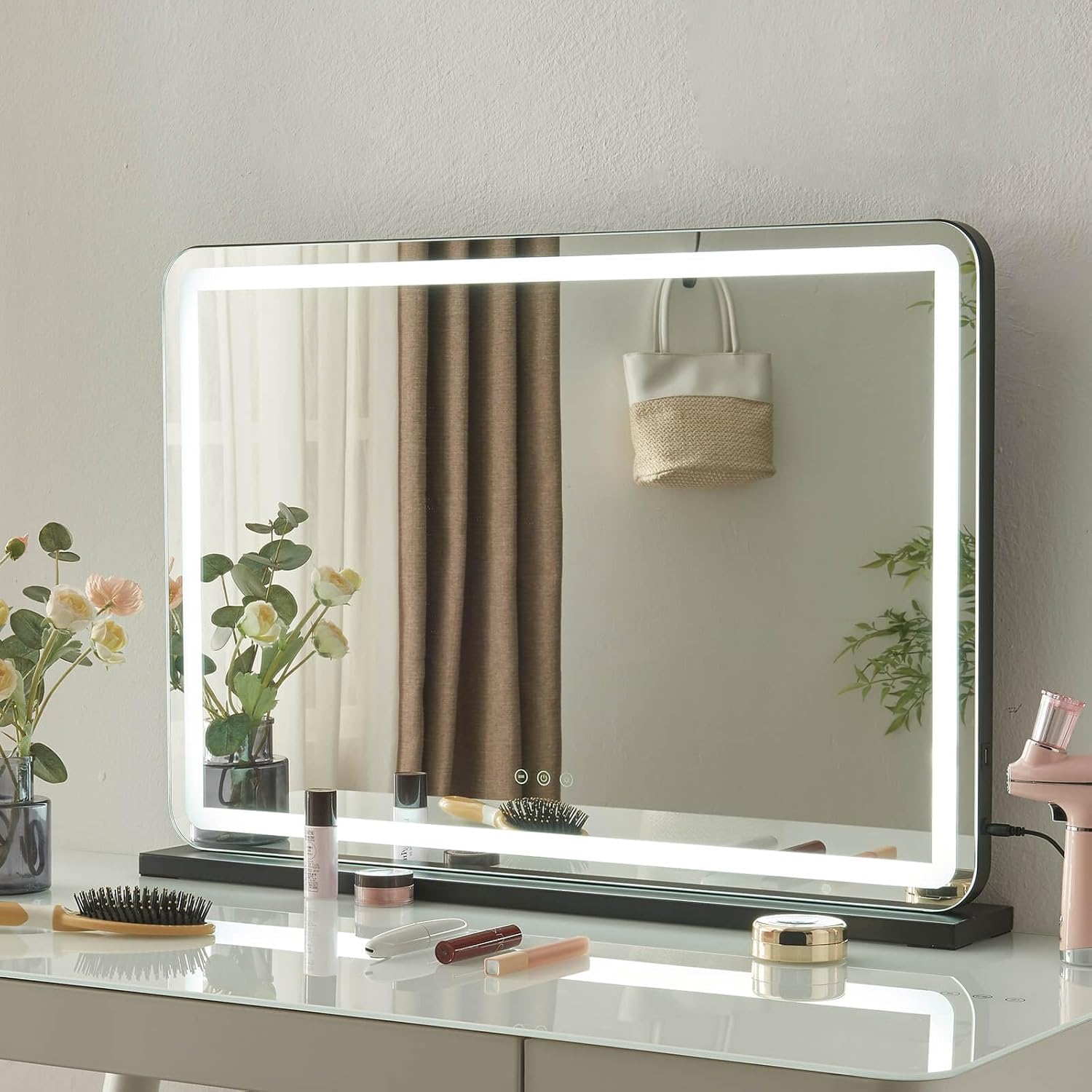 Ereousa Specchio Trucco con Luci, 3 modalit脿 Luce, 50 x 40 cm Specchio Trucco, Durevole Specchio con Luci Make Up, Specchio Make Up con 14 Lampadine LED