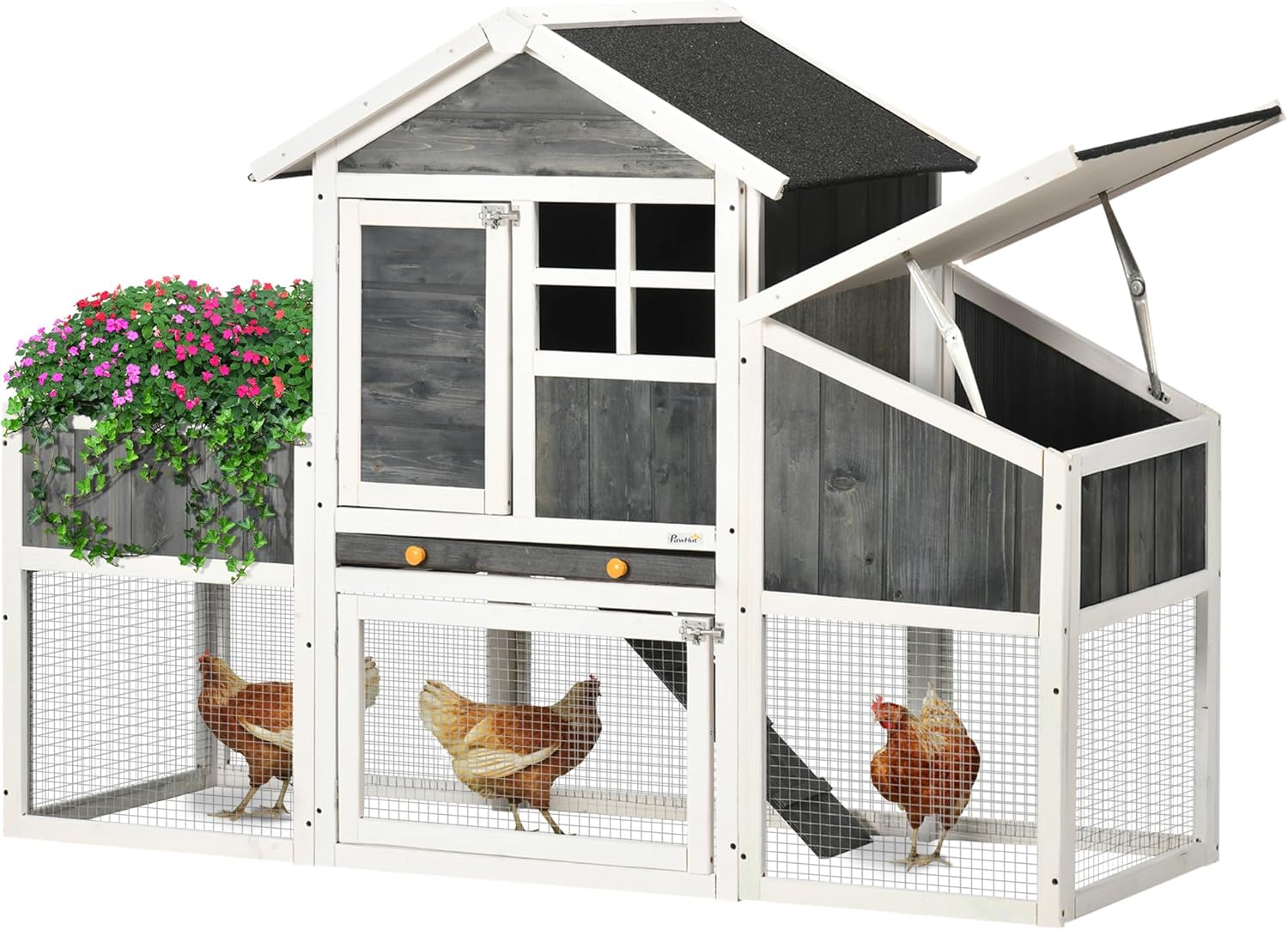PawHut Pollaio Prefabbricato in Legno con Area Aperta, Pollaio per Galline da Esterno, Casetta per Galline e Nido per la Cova, Aiuola e Tetto in Asfalto, Grigio