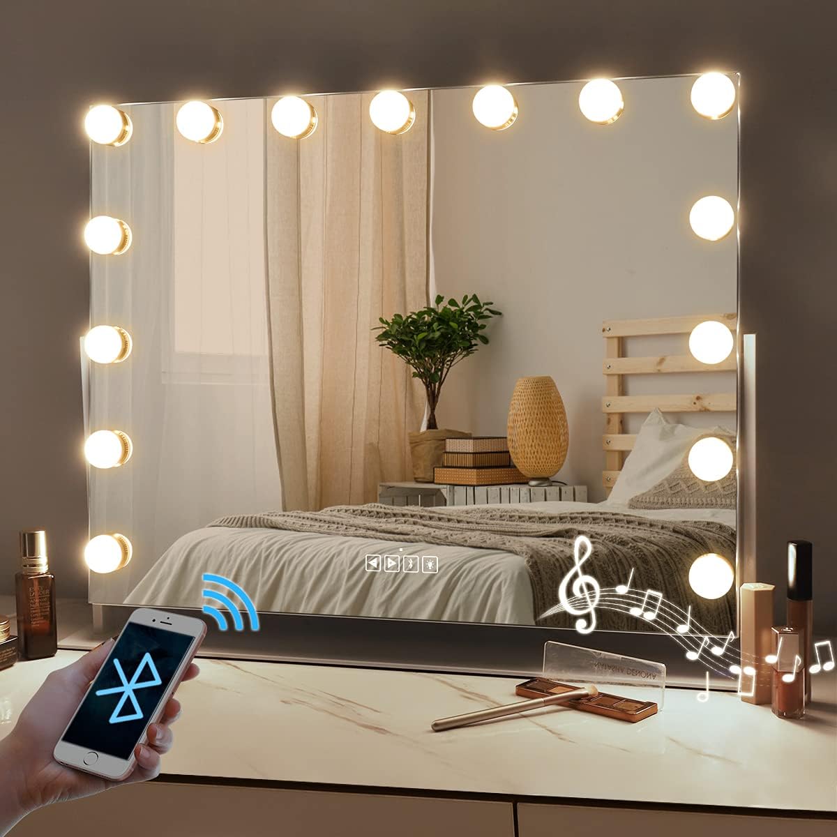 FENCHILIN Makeup Mirror with Lights Makeup Mirror with 15 LED Bulbs USB-C&A Charging Port Wall Makeup Mirror Touch Control Table 3 Colour Temperatures Hollywood Mirror 58 x 46 cm