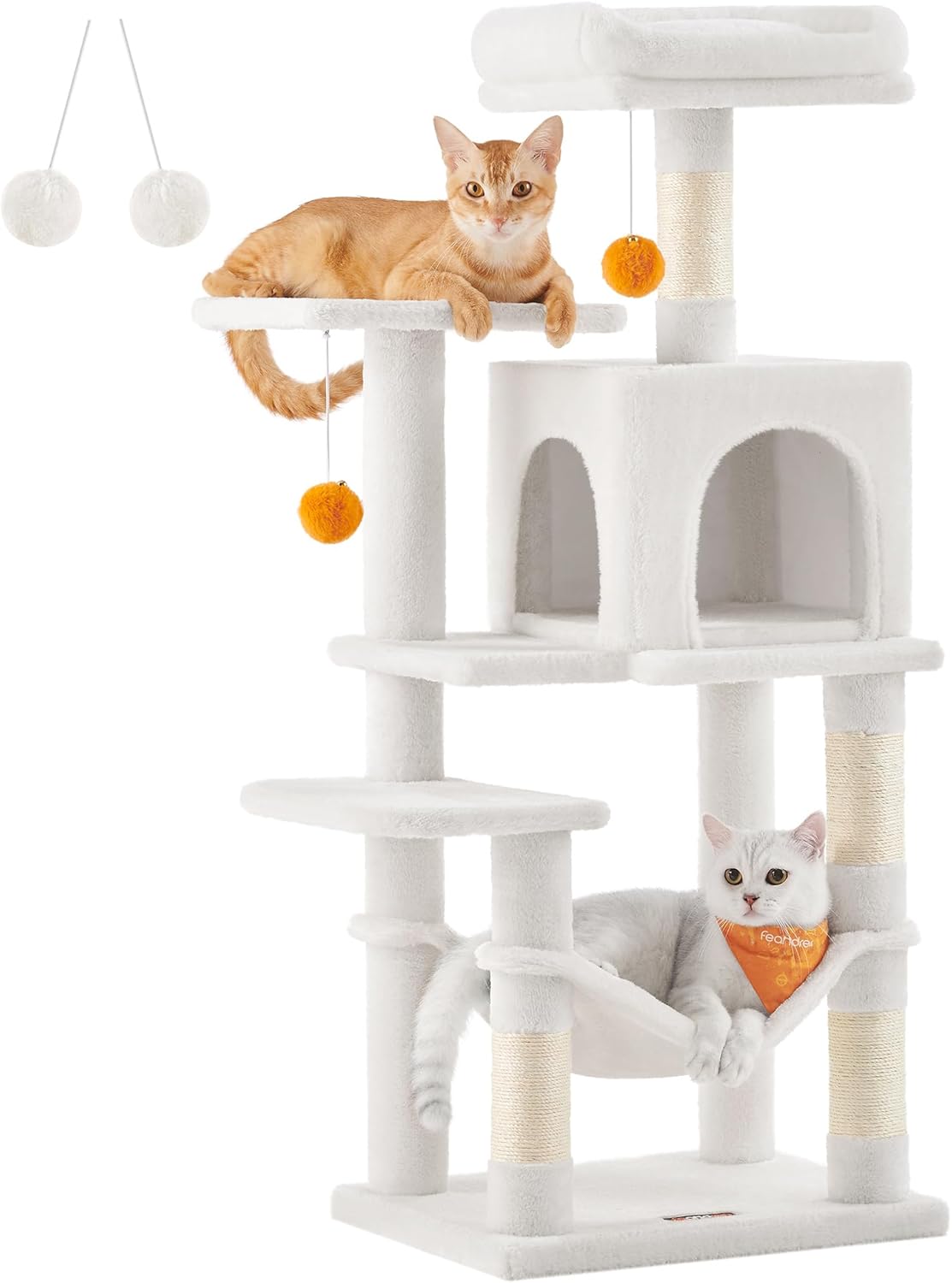 Feandrea Albero per Gatti Alto 143 cm, Tiragraffi per Gatti, con 4 Pali Graffiatoi, 2 Posatoi, 1 Grotta, 1 Amaca, 2 Pompon, in Peluche a Più Livelli, Grigio Chiaro PCT161W01