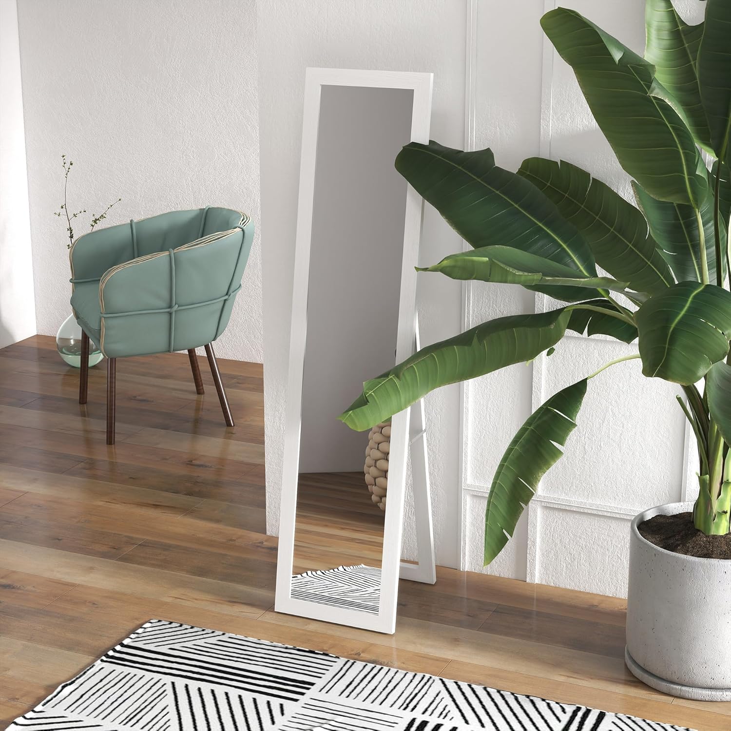 HOMCOM Specchio da Terra con Cornice in MDF con Piedini e Ganci, Specchio Moderno per Utilizzo a Parete, 37x40x155 cm, Bianco e Trasparente