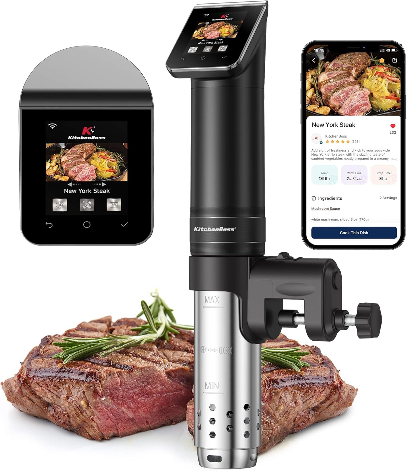 KitchenBoss Wifi Sous Vide Roner: G330 WLAN Professionali Roner Cucina, 40-90℃ Cottura Bassa Temperatura, TFT,Silenzioso,1100W,IPX7 Impermeabile,APP