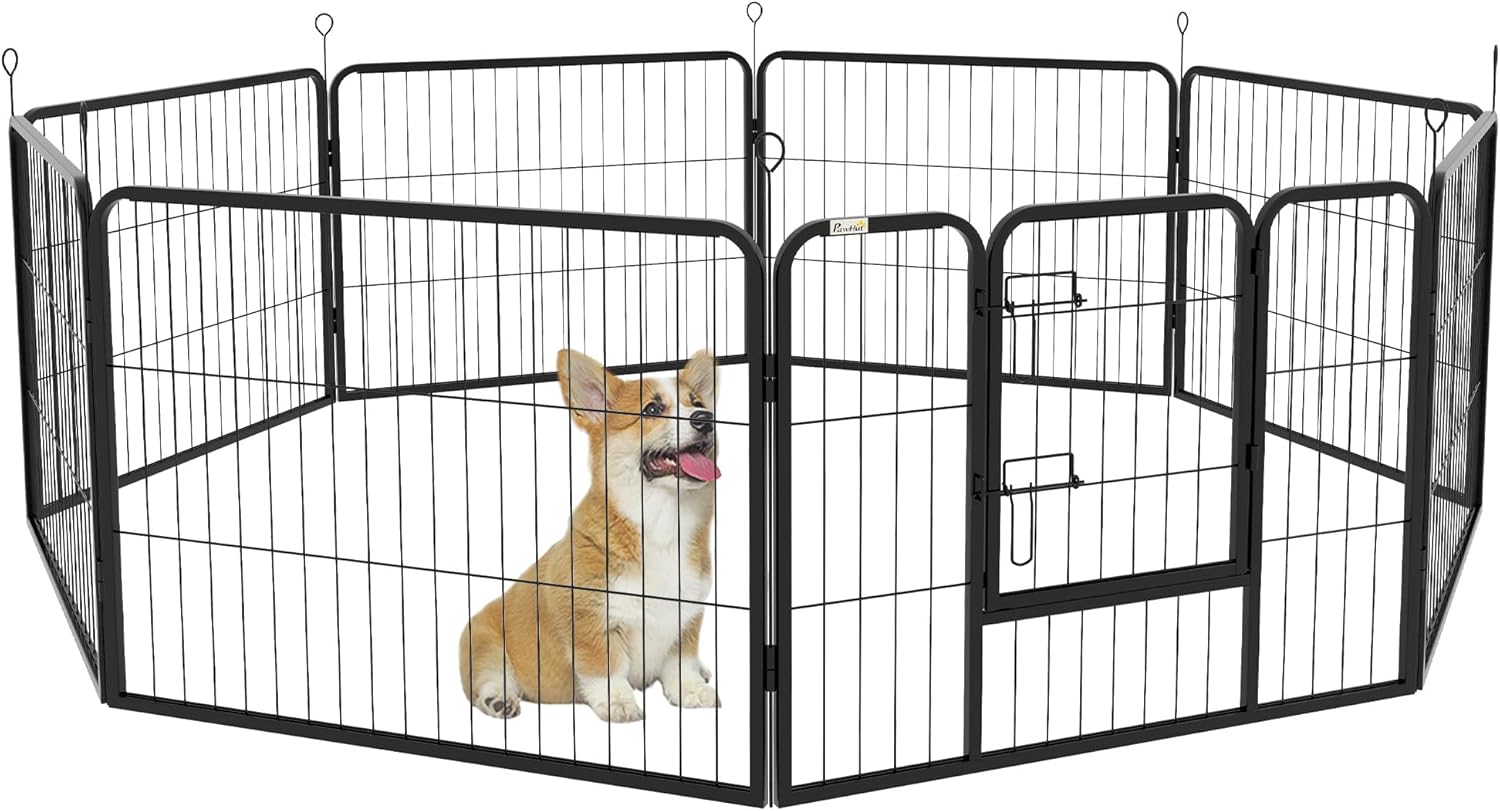 PawHut Recinto per Cani di Piccola a 12 Pannelli Modulabili da 80x1.5x60 cm, Box per Cani e Cuccioli Pieghevole con 2 Porte in Acciaio con 12 Picchetti, Nero