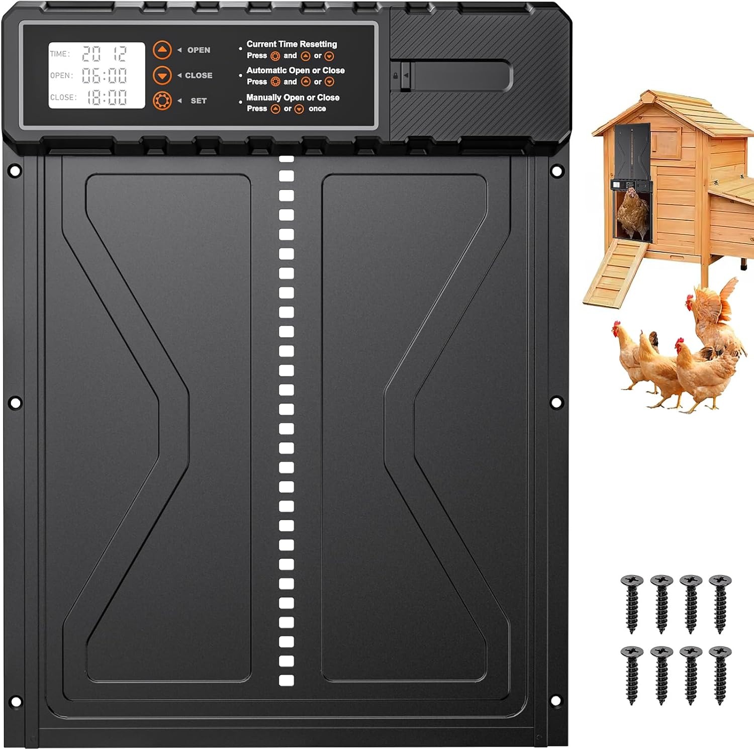 Rsaoty Porta Pollaio, Aggiornamento-Grande Porta Pollaio Automatica, Porta di pollaio Automatico Batteria con Display, Manuale e Timer, Automatica Alimentata a Batteria, Antipizzicamento