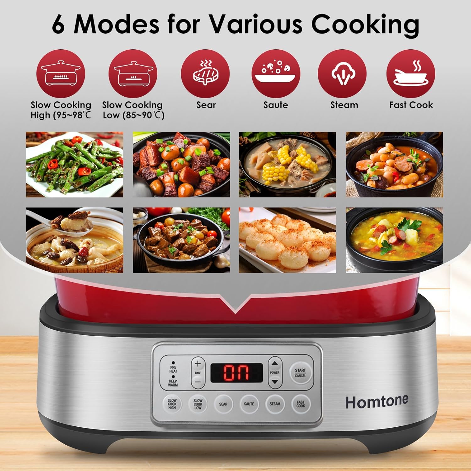 Homtone Casseruola 6 in 1 Slow Cooker, 5,5 l, programmabile, smaltata rimovibile, rivestimento in ceramica, cottura lenta, rosola, cottura a vapore con griglia a vapore, rosso