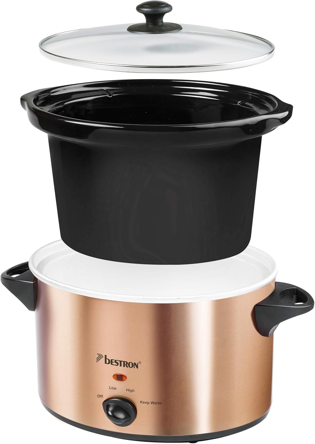 Bestron 4 Person Slowcooker with Ceramic Frying Pan and Glass Lid, 3 Tier Thermostat Ideal for Many Dishes such as Meat, Soups and Vegetables, 3.5 Litres, Copper Collection