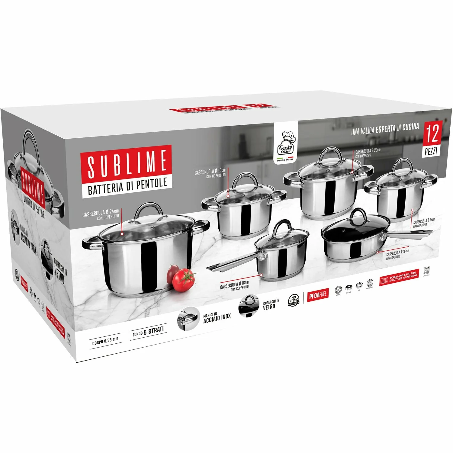 Batteria di pentole in acciaio con coperchi in vetro - set 12 pezzi