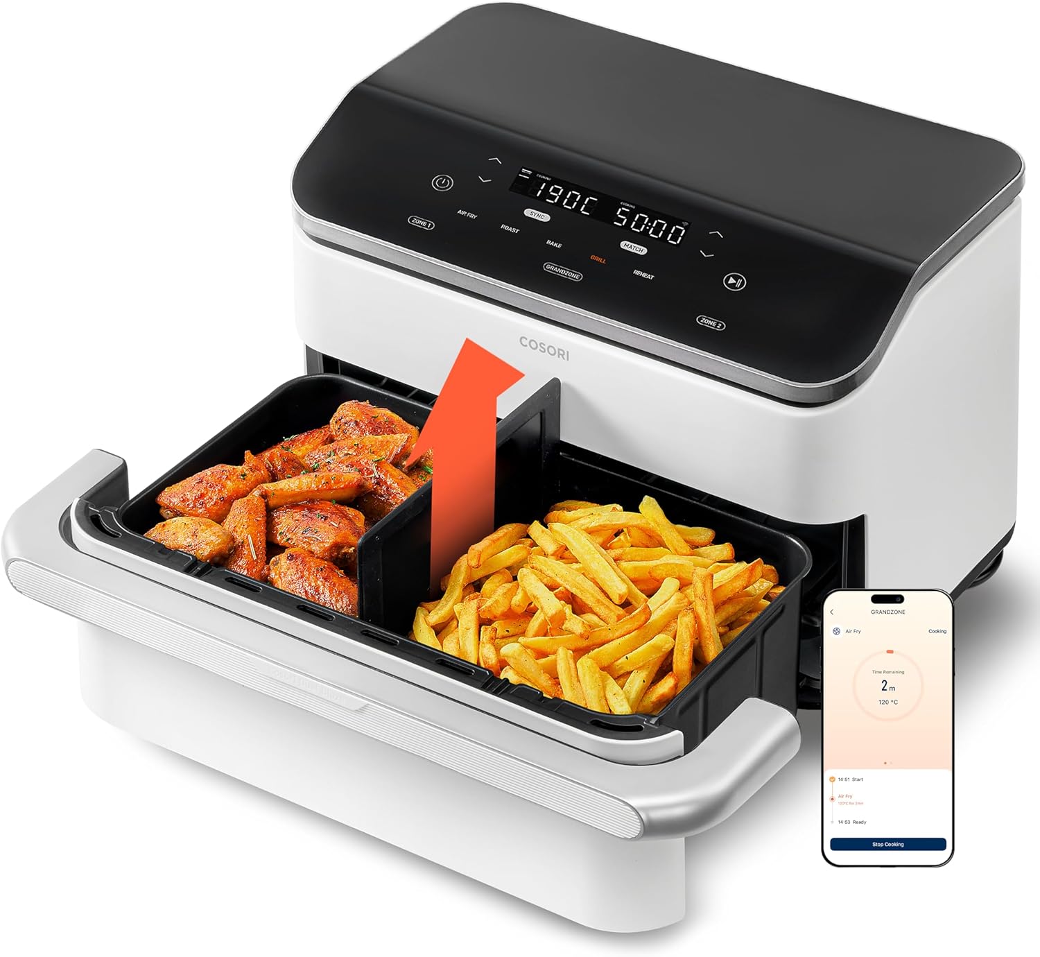 COSORI Friggitrice ad Aria 10 Litri, 7 in 1 Doppia Resistenza TwinFry con Doppio Cestello 5L&5L e Separatore Rimovibile, 2800W Air Fryer WiFi con Doppia Resistenza, 40-240℃, 70 Ricette Online, TF102S