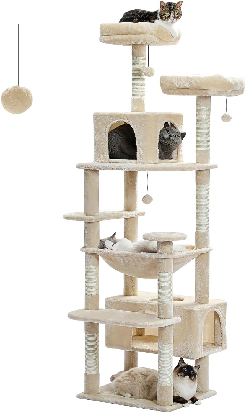 PAWZ Road Cat Scratching Post 164cm Tall with Spacious Hammocks, Condos and Scratching Posts, with Double Padded Perch for Large Cats - Grey