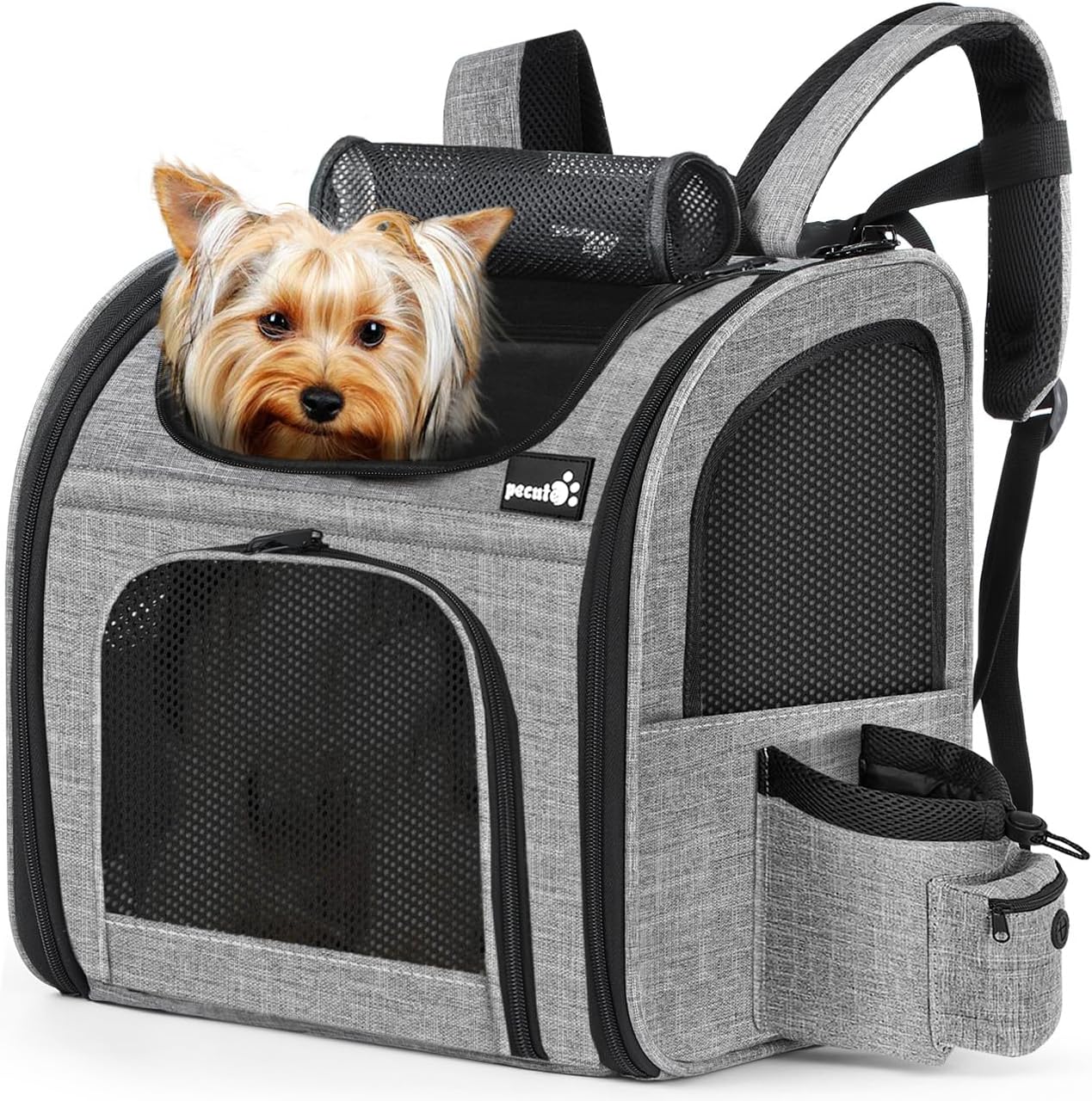 Pecute Zaino per cani Gatti Trasportino, Zaino portatile traspirante con Tasche Frontali con Apertura in Rete, Spazio Arioso Ideale per Trasportare Cuccioli di Cani, Grigio