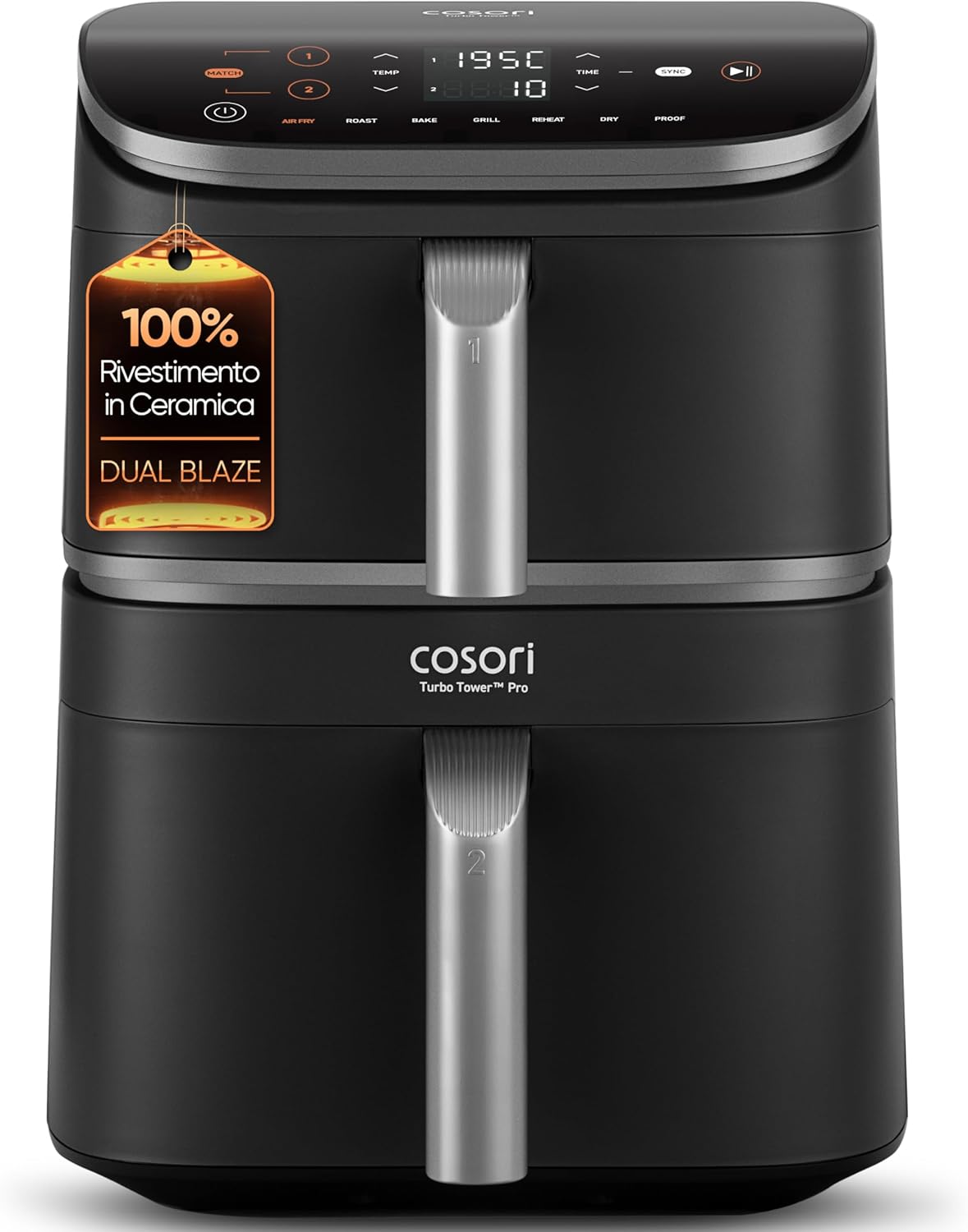 COSORI Friggitrice ad Aria 10 Litri, 7 in 1 Doppia Resistenza TwinFry con Doppio Cestello 5L&5L e Separatore Rimovibile, 2800W Air Fryer WiFi con Doppia Resistenza, 40-240℃, 70 Ricette Online, TF102S