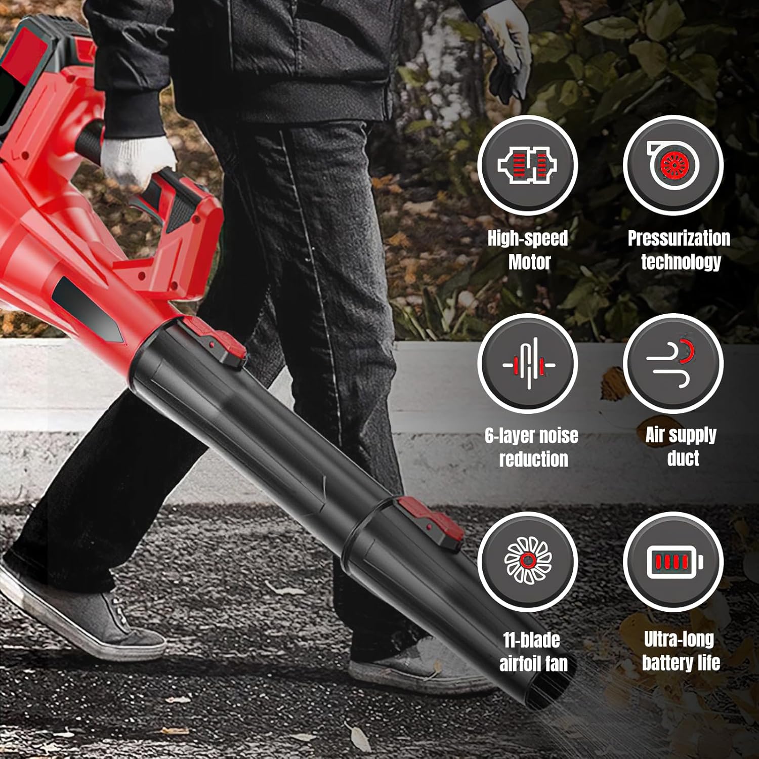 21V Battery Blower, Cordless Leaf Blower with Battery and Charger, 6 Speeds, 210km/h, Powerful Leaf Blower for Garden, Lawn Maintenance and Snow Removal