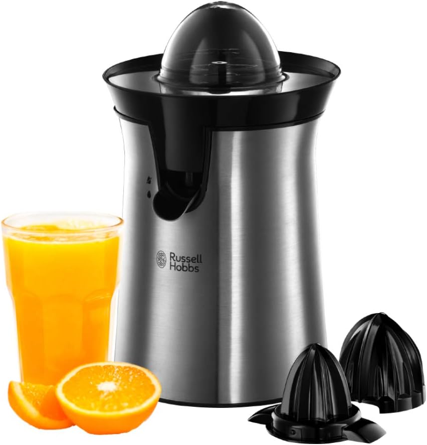 Russell Hobbs Spremiagrumi Elettrico - Rotazione Bidirezionale - 2 Coni Dimensioni diverse - Limoni e Arance - Acciaio Inox, Antigoccia, Lavabile in Lavastoviglie, Senza BPA, Spremiagrumi 22760-56